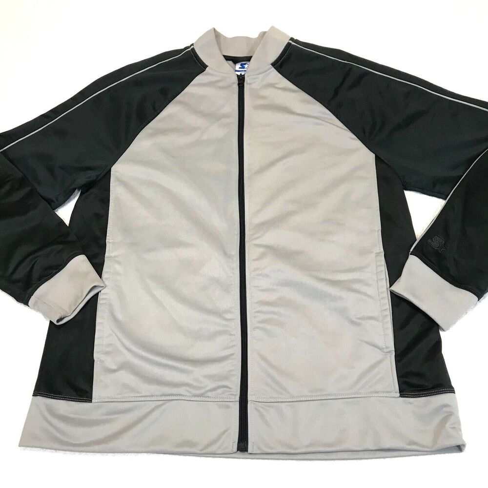 Starter L Athletic Track Jacket Grey Black Stripe Polyester Full Zip Large New